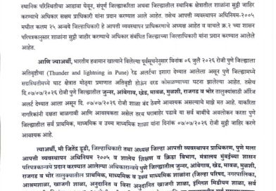 विद्यार्थ्यांसाठी मोठी बातमी; भोरसह ७ तालुक्यांतील शाळांना जिल्हाधिकाऱ्यांची सुट्टी विद्यार्थ्यांसाठी मोठी बातमी; भोरसह ७ तालुक्यांतील शाळांना जिल्हाधिकाऱ्यांची सुट्टी